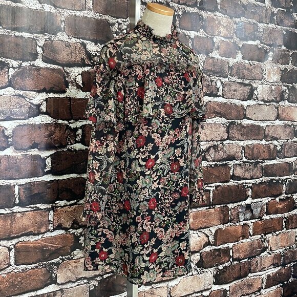 Zara Basic Collection Long Sleeve Dress Fringe Floral Red Black Size Small S - Picture 8 of 17